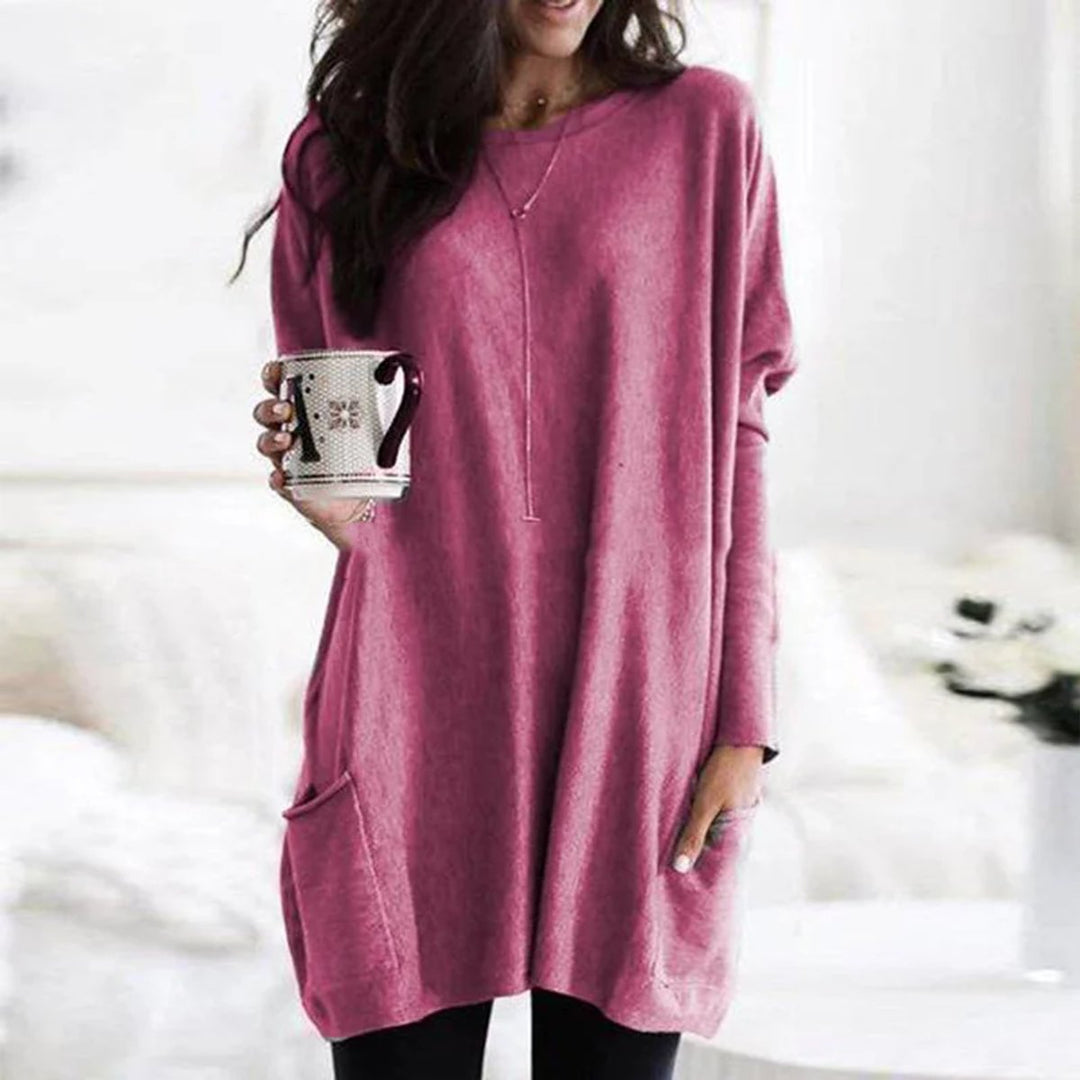 Damen Oversized Tunika-Pullover mit Taschen | Locker geschnittenes Langarm-Oberteil mit Rundhalsausschnitt für Alltag und Freizeit