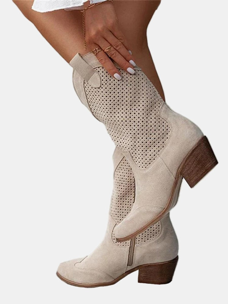 Damen Stiefel kniehoch mit Blockabsatz | Perforierte Stiefel in Wildleder-Optik mit rutschhemmender Sohle für Alltag