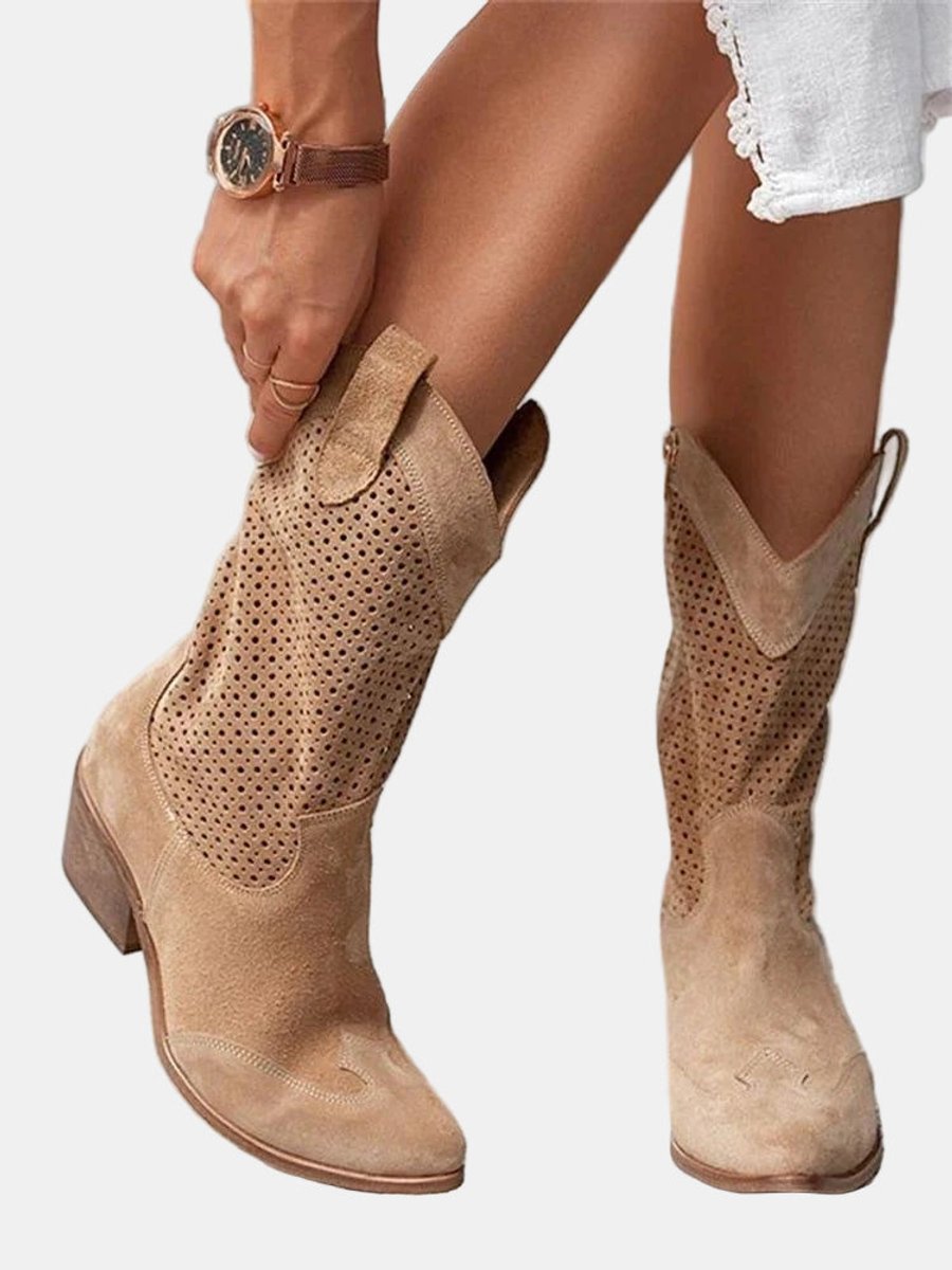 Damen Stiefel kniehoch mit Blockabsatz | Perforierte Stiefel in Wildleder-Optik mit rutschhemmender Sohle für Alltag