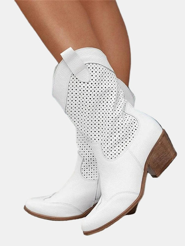 Damen Stiefel kniehoch mit Blockabsatz | Perforierte Stiefel in Wildleder-Optik mit rutschhemmender Sohle für Alltag
