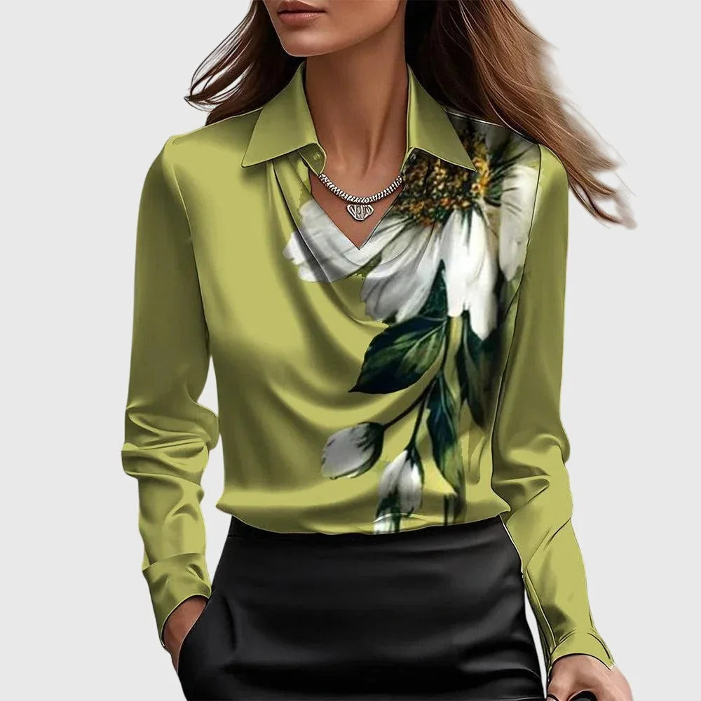 Damen Satinbluse mit Wasserfallausschnitt | Elegante Langarmbluse mit weich fließendem Stoff und sanftem Glanz für Büro und Freizeit