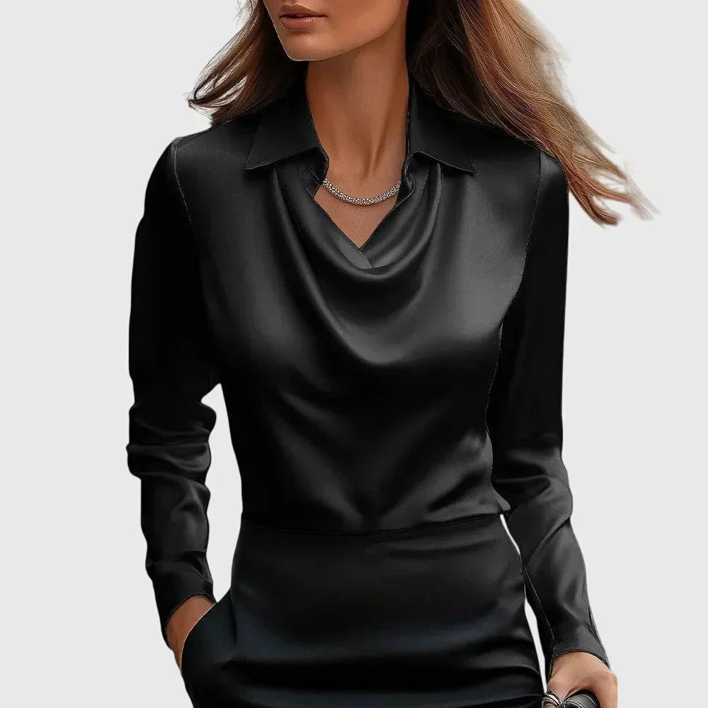 Damen Satinbluse mit Wasserfallausschnitt | Elegante Langarmbluse mit weich fließendem Stoff und sanftem Glanz für Büro und Freizeit