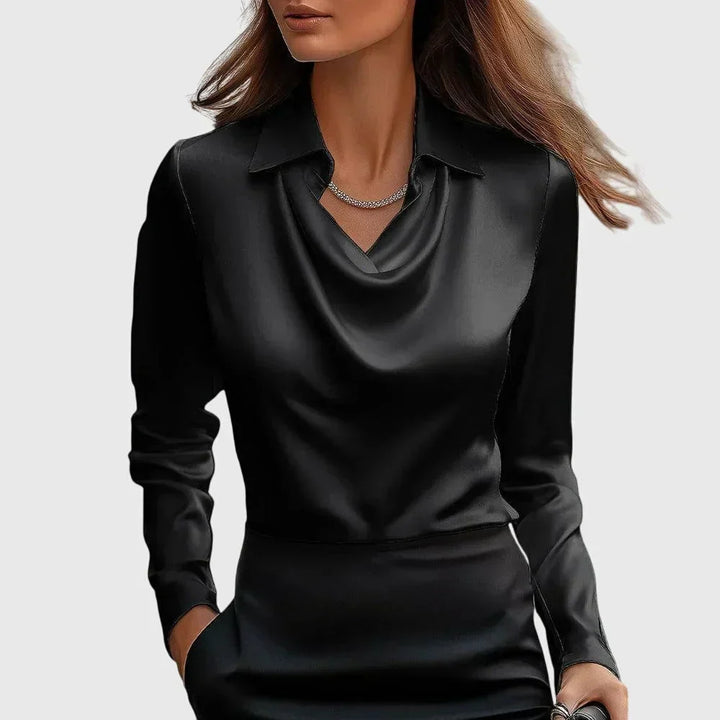 Damen Satinbluse mit Wasserfallausschnitt | Elegante Langarmbluse mit weich fließendem Stoff und sanftem Glanz für Büro und Freizeit