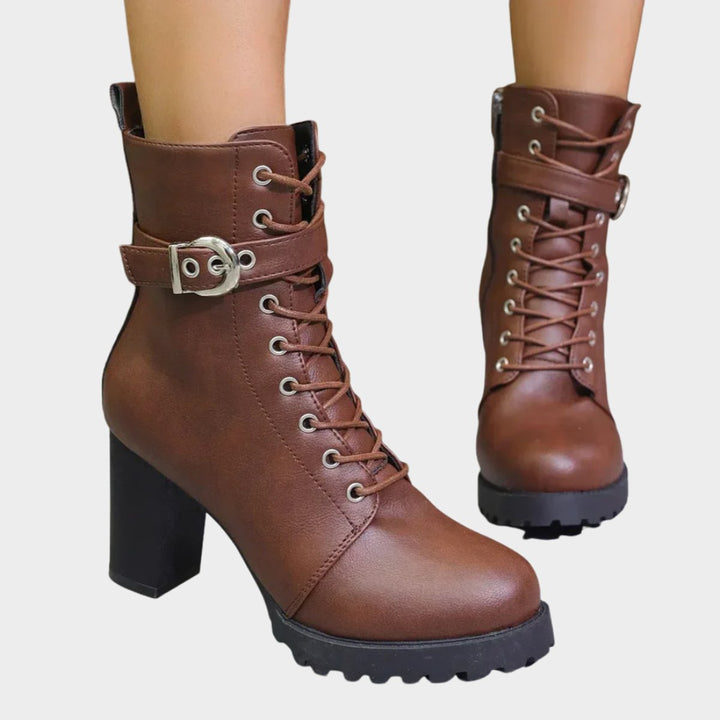 Damen Schnürstiefeletten mit Blockabsatz | Knöchelhohe Ankle Boots mit dekorativer Schnalle, Metallösen und seitlichem Reißverschluss