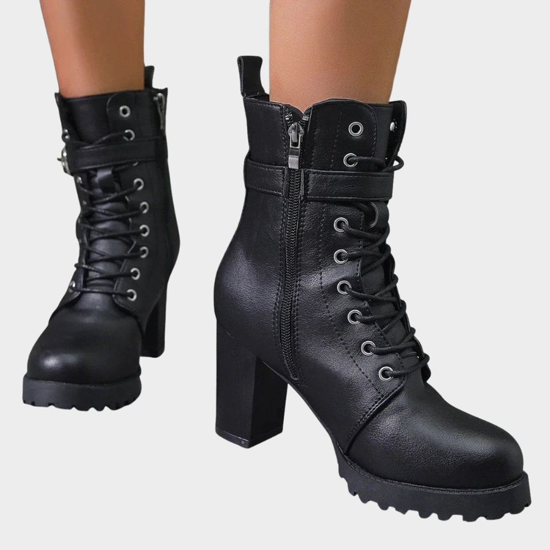 Damen Schnürstiefeletten mit Blockabsatz | Knöchelhohe Ankle Boots mit dekorativer Schnalle, Metallösen und seitlichem Reißverschluss
