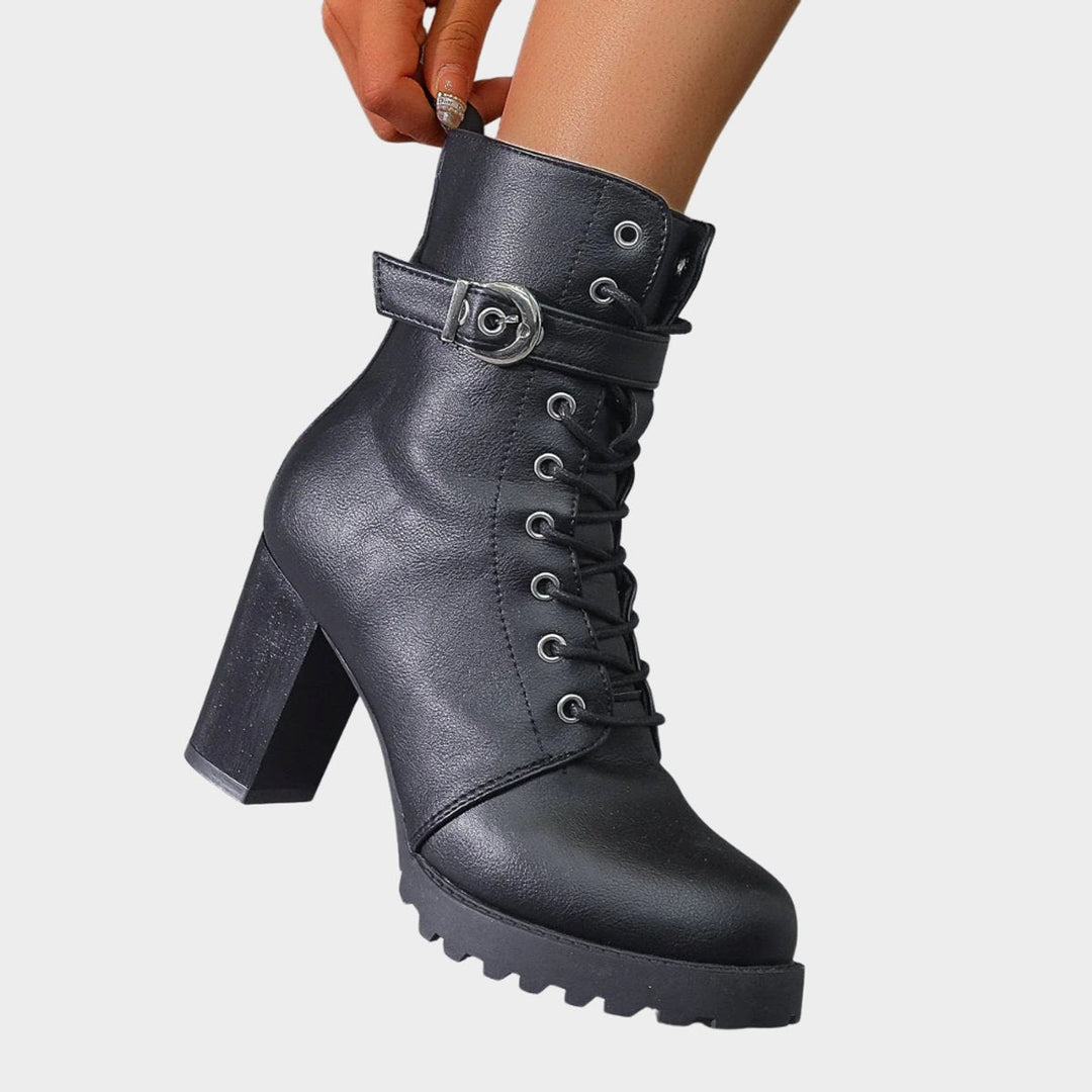 Damen Schnürstiefeletten mit Blockabsatz | Knöchelhohe Ankle Boots mit dekorativer Schnalle, Metallösen und seitlichem Reißverschluss