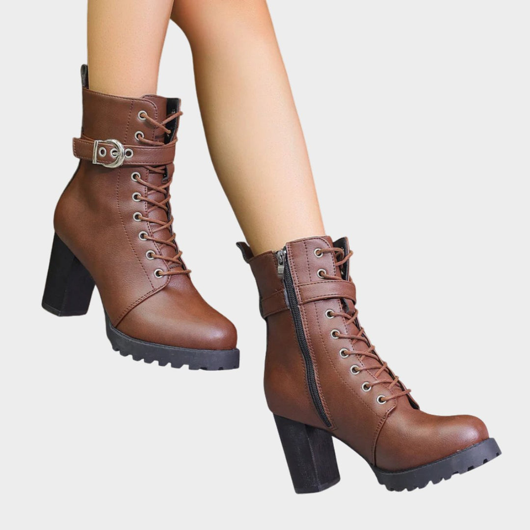 Damen Schnürstiefeletten mit Blockabsatz | Knöchelhohe Ankle Boots mit dekorativer Schnalle, Metallösen und seitlichem Reißverschluss