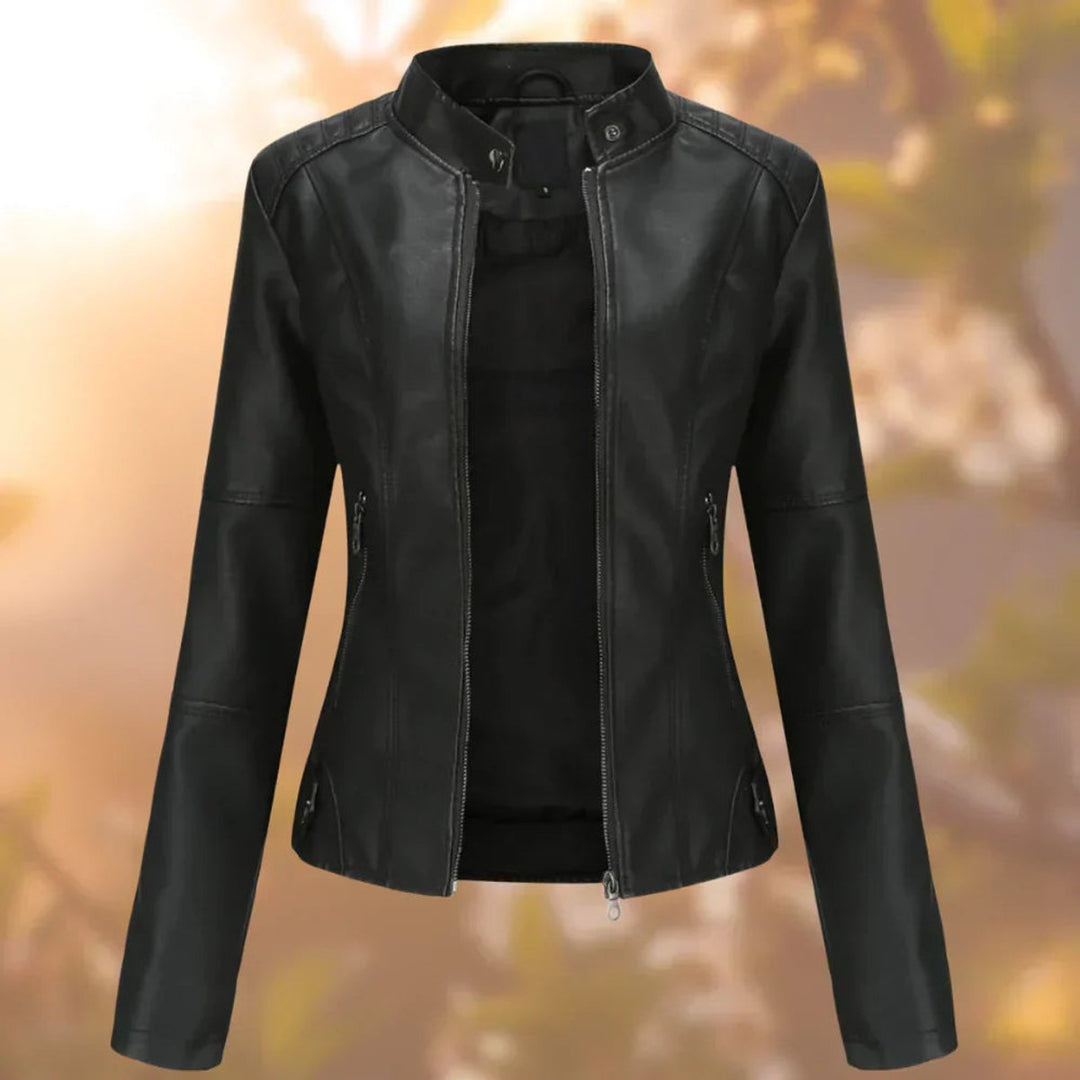 Damen Bikerjacke aus Kunstleder im Slim Fit | Taillierte Jacke mit Stehkragen, Reißverschluss und Seitentaschen