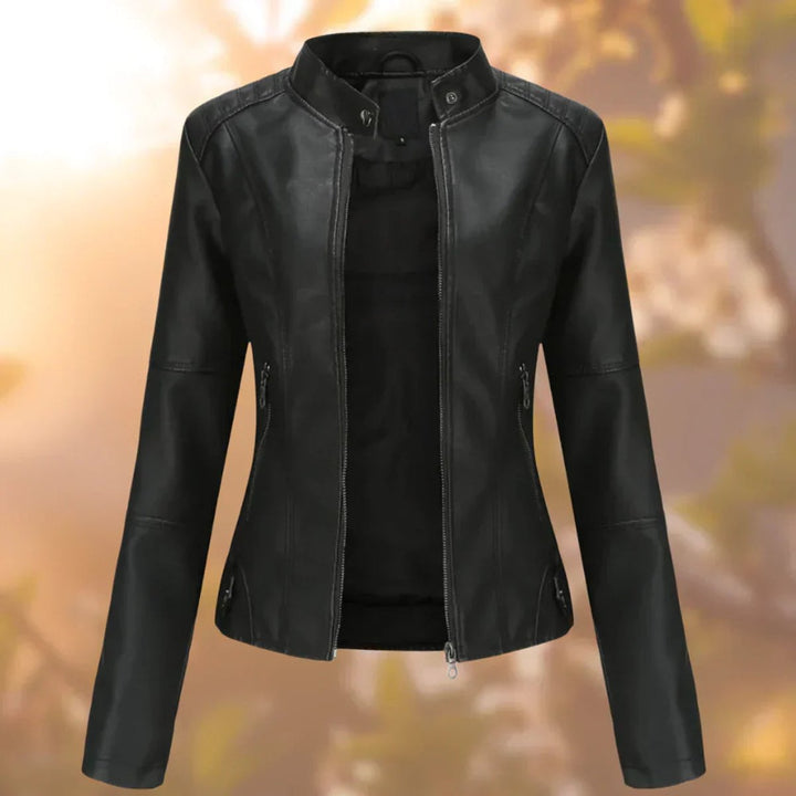 Damen Bikerjacke aus Kunstleder im Slim Fit | Taillierte Jacke mit Stehkragen, Reißverschluss und Seitentaschen
