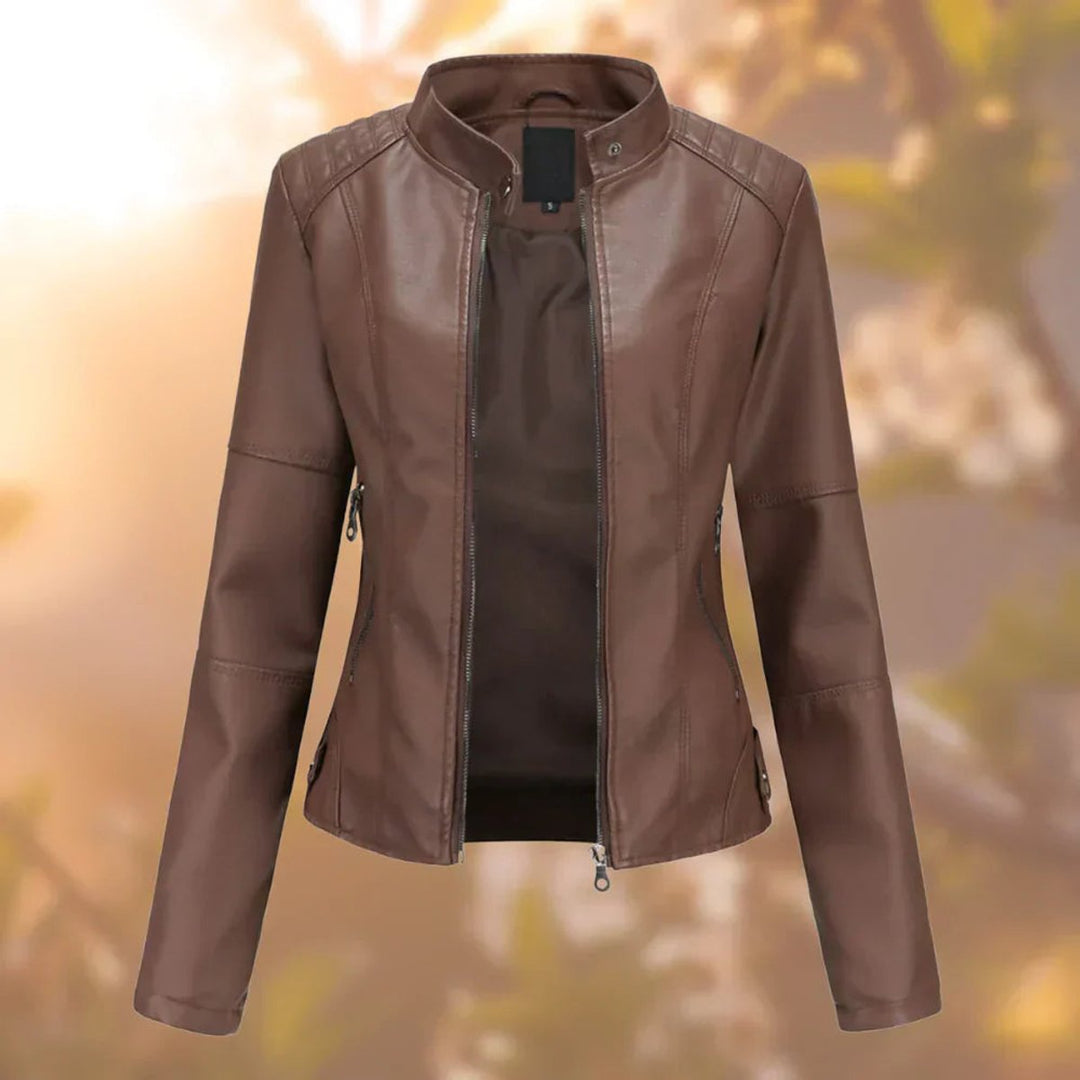 Damen Bikerjacke aus Kunstleder im Slim Fit | Taillierte Jacke mit Stehkragen, Reißverschluss und Seitentaschen