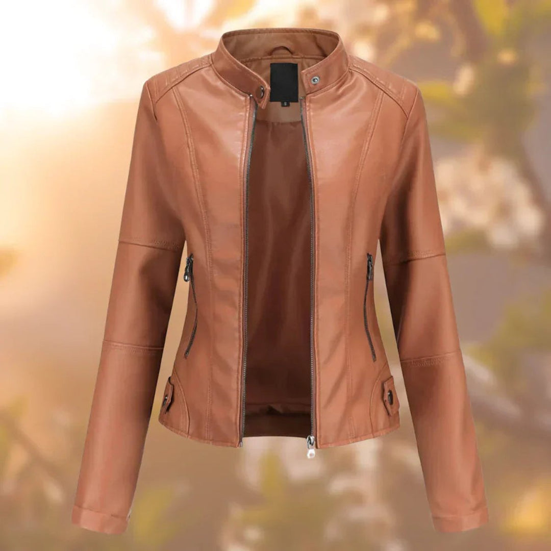 Damen Bikerjacke aus Kunstleder im Slim Fit | Taillierte Jacke mit Stehkragen, Reißverschluss und Seitentaschen