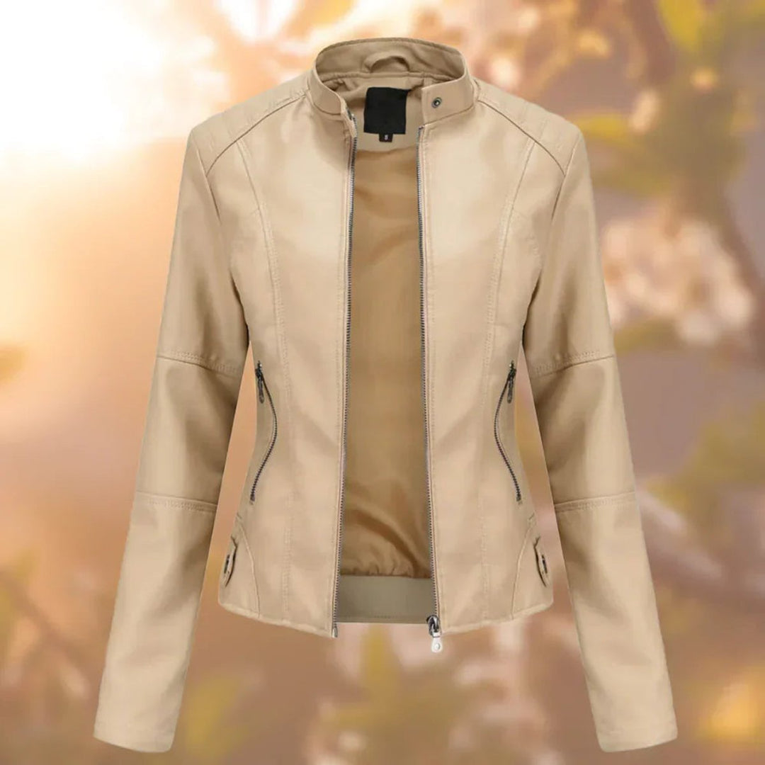 Damen Bikerjacke aus Kunstleder im Slim Fit | Taillierte Jacke mit Stehkragen, Reißverschluss und Seitentaschen