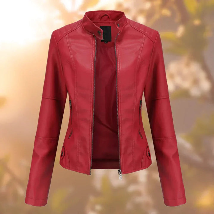 Damen Bikerjacke aus Kunstleder im Slim Fit | Taillierte Jacke mit Stehkragen, Reißverschluss und Seitentaschen