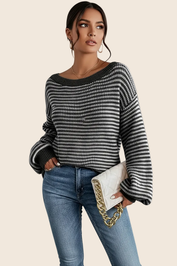 Damen Strickpullover mit Streifenmuster und Rippbündchen | Locker geschnittener Pullover mit Rundhalsausschnitt und langen Ärmeln