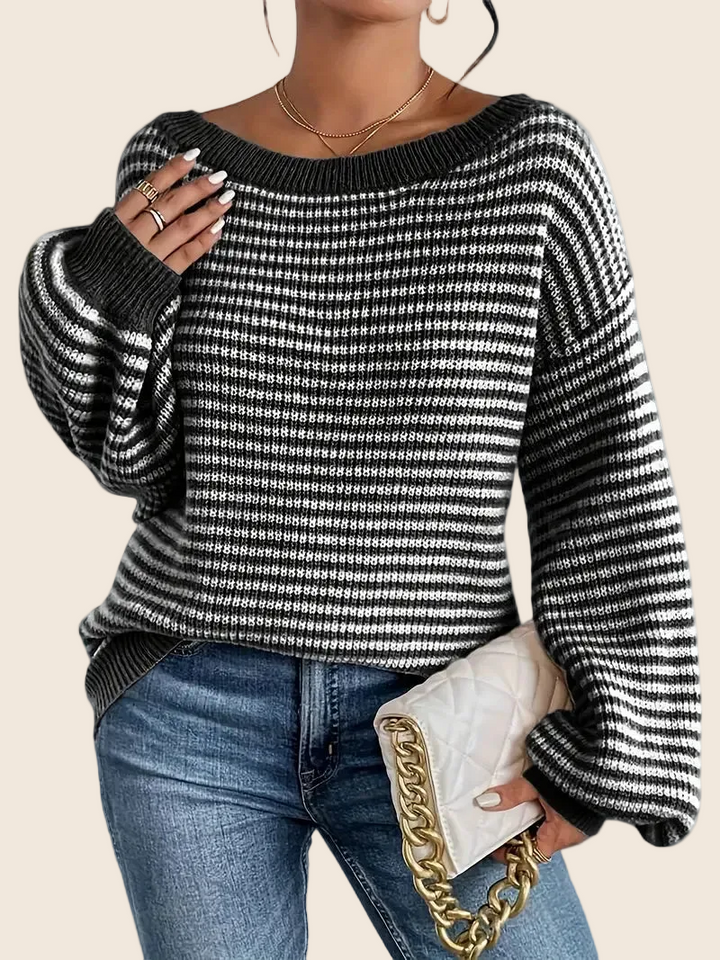 Damen Strickpullover mit Streifenmuster und Rippbündchen | Locker geschnittener Pullover mit Rundhalsausschnitt und langen Ärmeln
