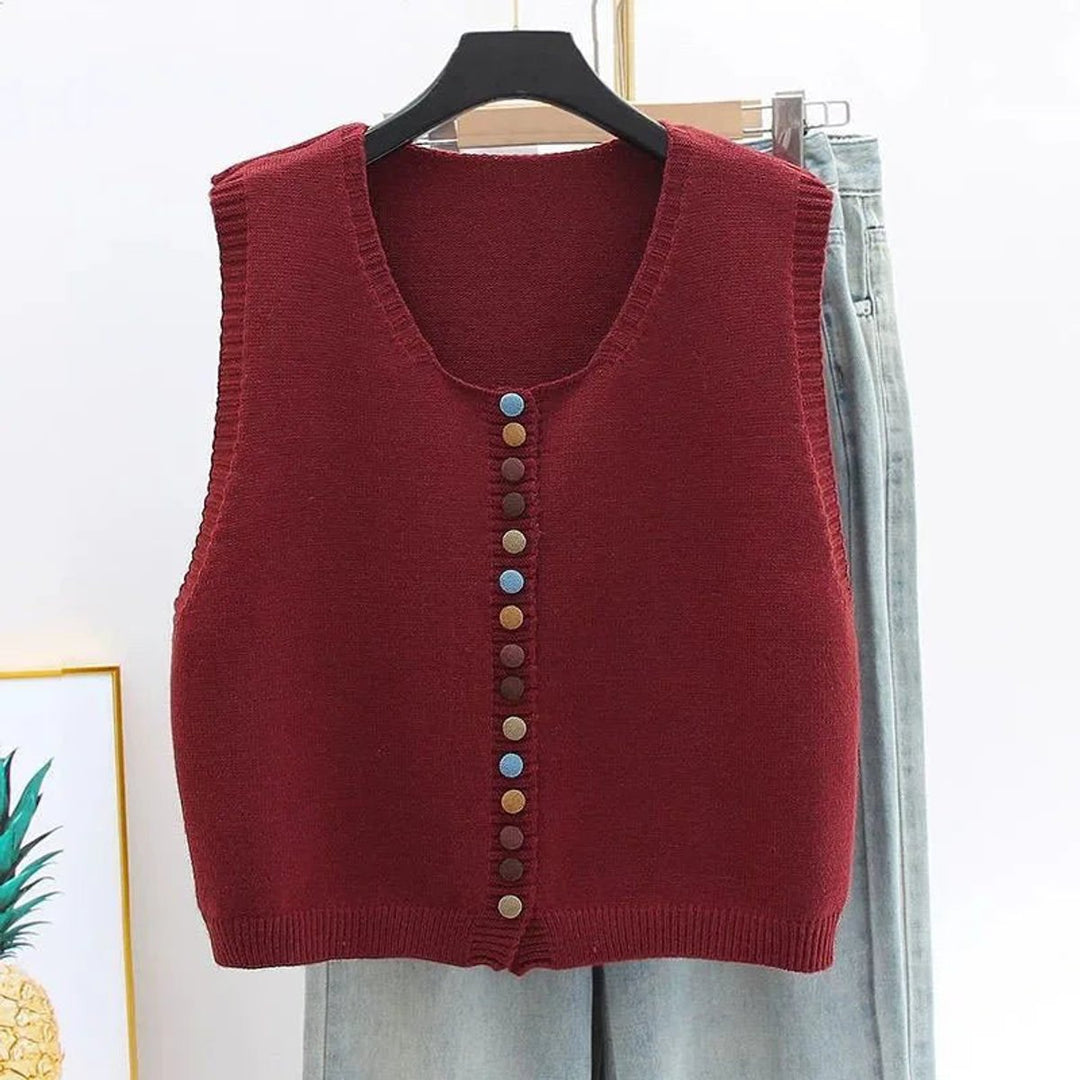 Damen Strickweste mit bunten Knöpfen | Ärmellose Strickjacke mit Rundhalsausschnitt, weicher Strickstruktur und lockerer Passform