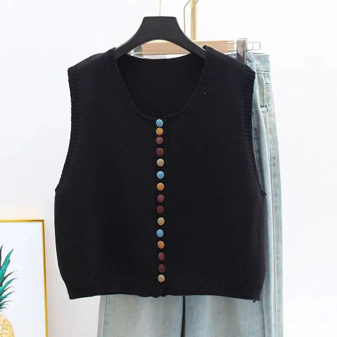 Damen Strickweste mit bunten Knöpfen | Ärmellose Strickjacke mit Rundhalsausschnitt, weicher Strickstruktur und lockerer Passform