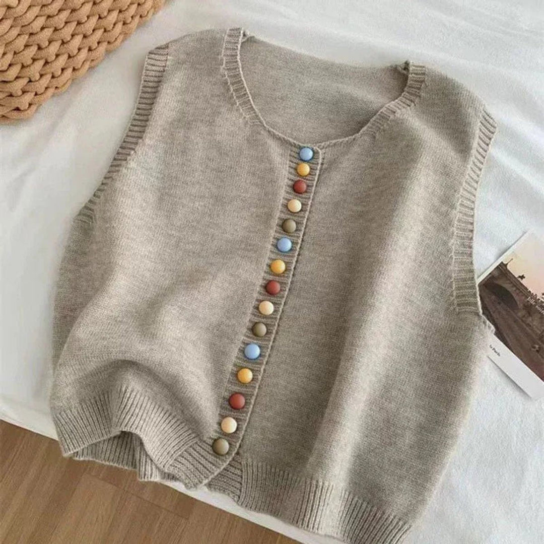 Damen Strickweste mit bunten Knöpfen | Ärmellose Strickjacke mit Rundhalsausschnitt, weicher Strickstruktur und lockerer Passform