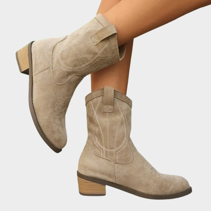 Damen Cowboy Stiefeletten im Western-Stil | Knöchelhohe Ankle Boots mit Steppdetails, Blockabsatz und rutschfester Sohle