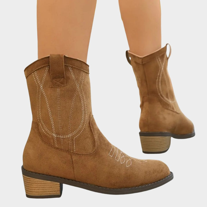 Damen Cowboy Stiefeletten im Western-Stil | Knöchelhohe Ankle Boots mit Steppdetails, Blockabsatz und rutschfester Sohle