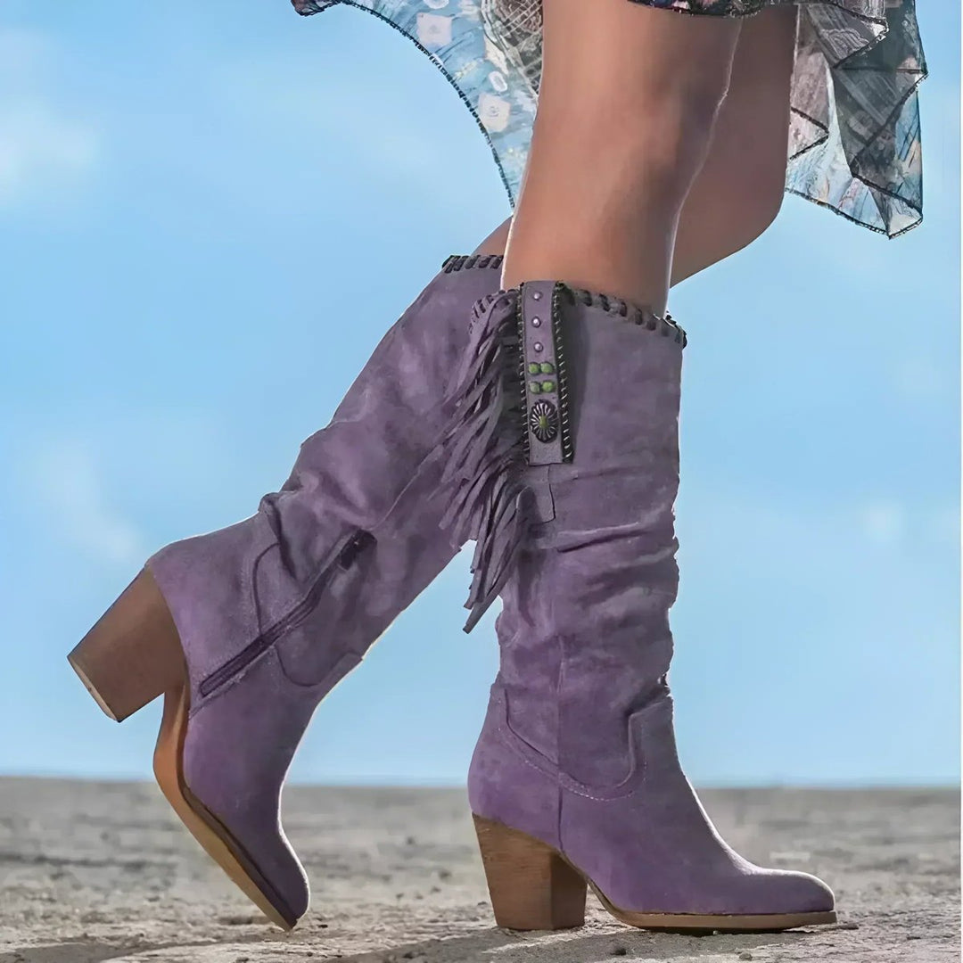 Damen Cowboystiefel kniehoch mit Fransen | Westernstiefel in weicher Wildleder-Optik mit rutschhemmender Sohle für Herbst und Winter