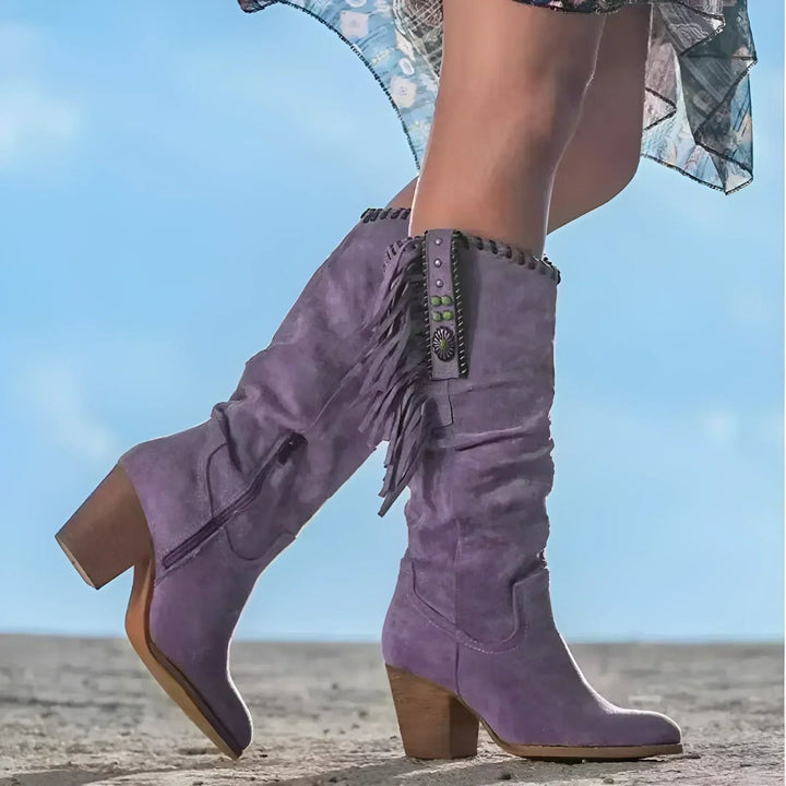 Damen Cowboystiefel kniehoch mit Fransen | Westernstiefel in weicher Wildleder-Optik mit rutschhemmender Sohle für Herbst und Winter