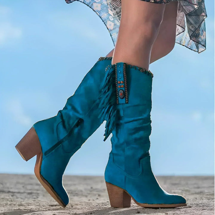Damen Cowboystiefel kniehoch mit Fransen | Westernstiefel in weicher Wildleder-Optik mit rutschhemmender Sohle für Herbst und Winter