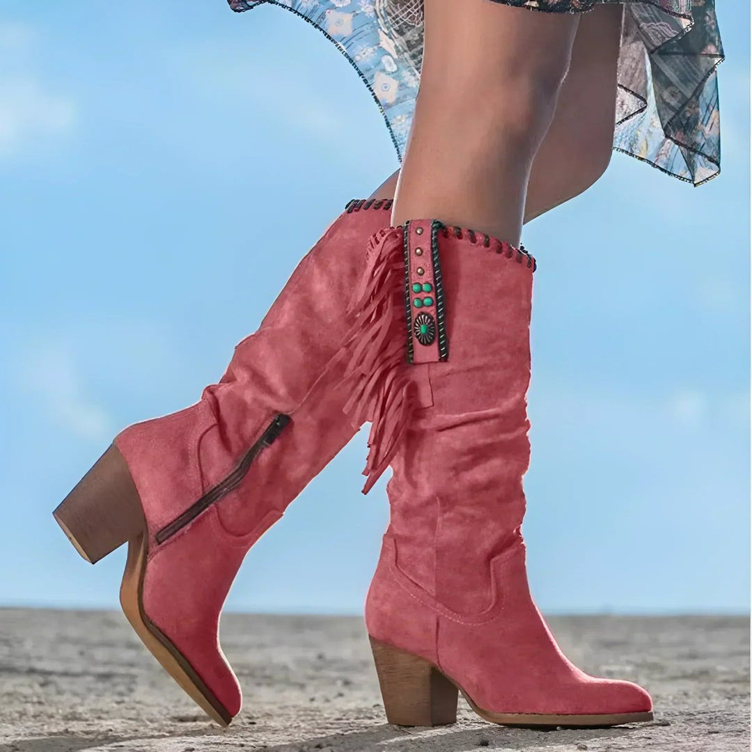 Damen Cowboystiefel kniehoch mit Fransen | Westernstiefel in weicher Wildleder-Optik mit rutschhemmender Sohle für Herbst und Winter