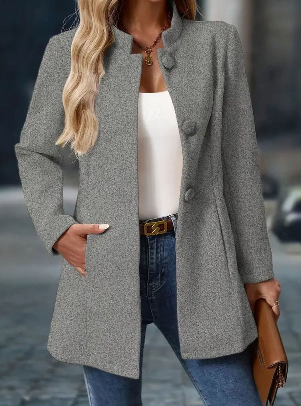Damen Wintermantel mit Stehkragen und Knöpfen | Taillierter Mantel mit Seitentaschen für Büro, Alltag und elegante Anlässe