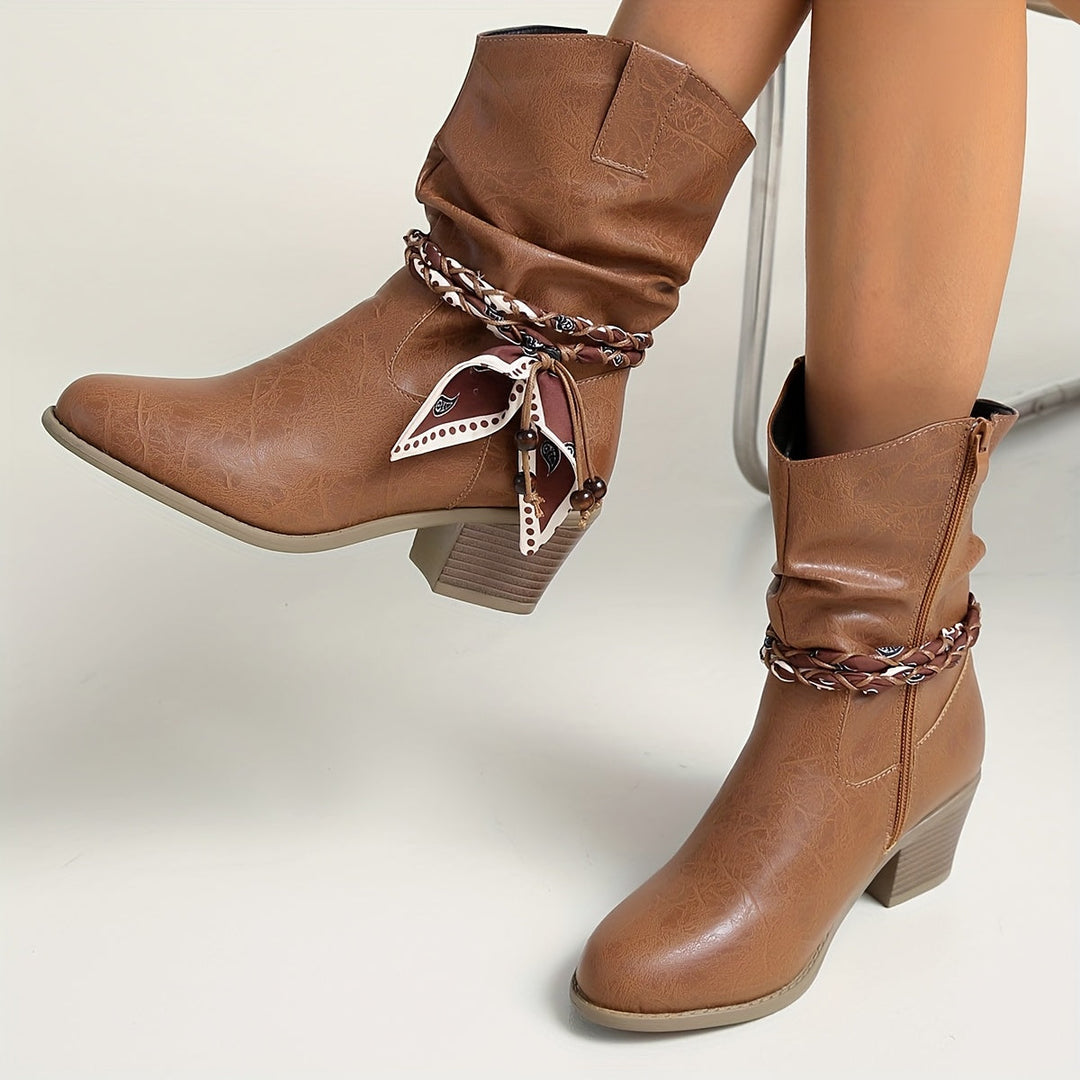 Damen Stiefeletten in Raffoptik im Westernstil | Knöchelhohe Ankle Boots mit Bandana-Wickeldetail, niedrigem Blockabsatz und Reißverschluss