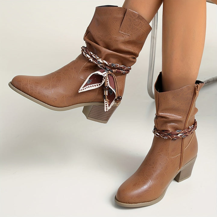 Damen Stiefeletten in Raffoptik im Westernstil | Knöchelhohe Ankle Boots mit Bandana-Wickeldetail, niedrigem Blockabsatz und Reißverschluss