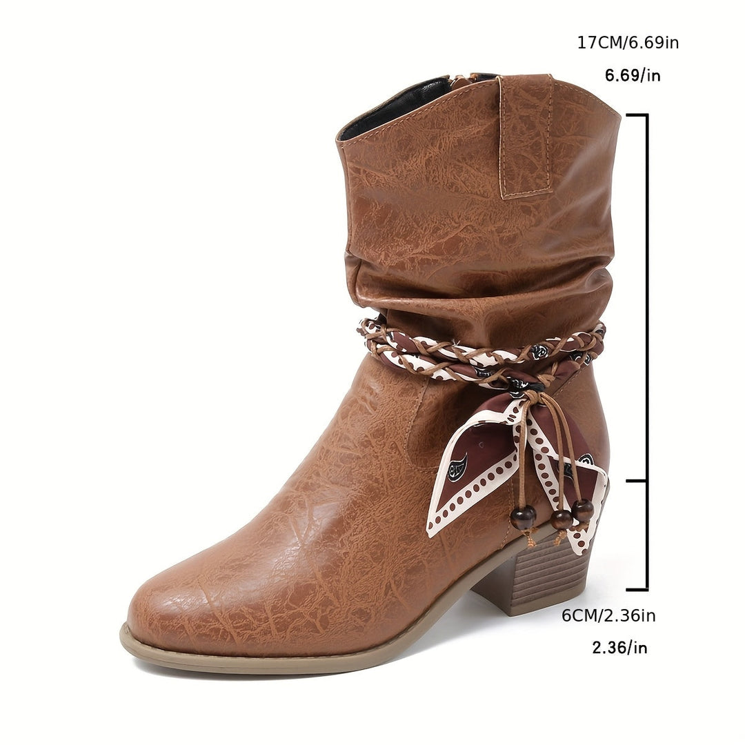Damen Stiefeletten in Raffoptik im Westernstil | Knöchelhohe Ankle Boots mit Bandana-Wickeldetail, niedrigem Blockabsatz und Reißverschluss