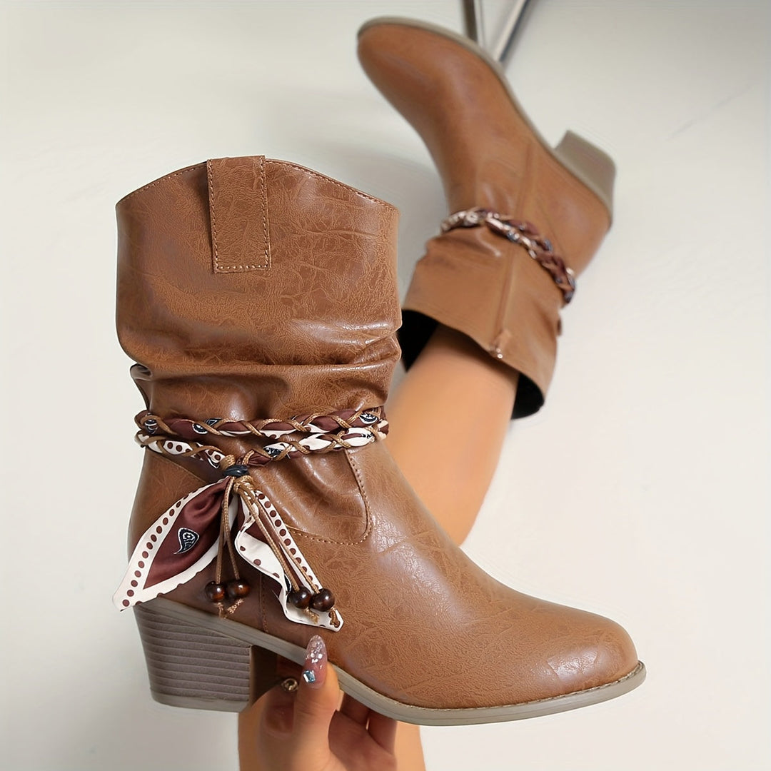 Damen Stiefeletten in Raffoptik im Westernstil | Knöchelhohe Ankle Boots mit Bandana-Wickeldetail, niedrigem Blockabsatz und Reißverschluss
