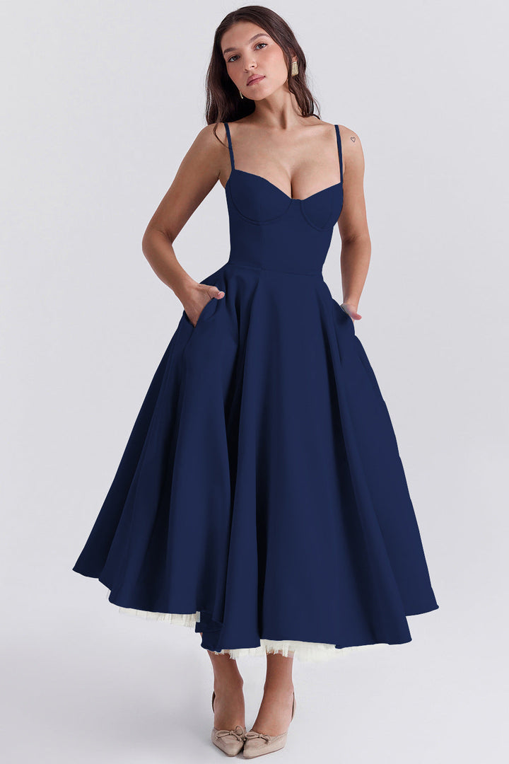 Damen Tüllkleid Elegant &amp; Feminin | Midikleid mit Verstellbaren Trägern | Romantisches Abendkleid für Hochzeiten &amp; Partys