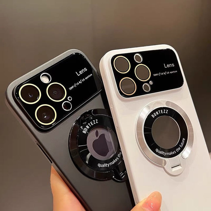 Custodia magnetica per iPhone | Compatibile con ricarica wireless | Supporto integrato, protezione per lente della fotocamera | Anti-impronte, PC trasparente