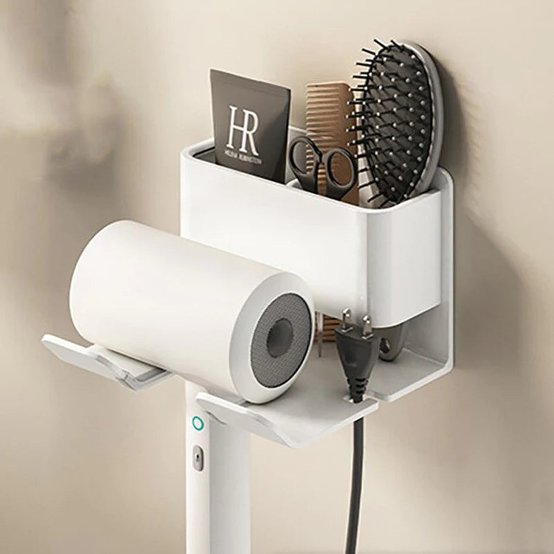 Organizer per cura capelli da parete per bagno | supporto phon e porta spazzole | alluminio e plastica | salvaspazio