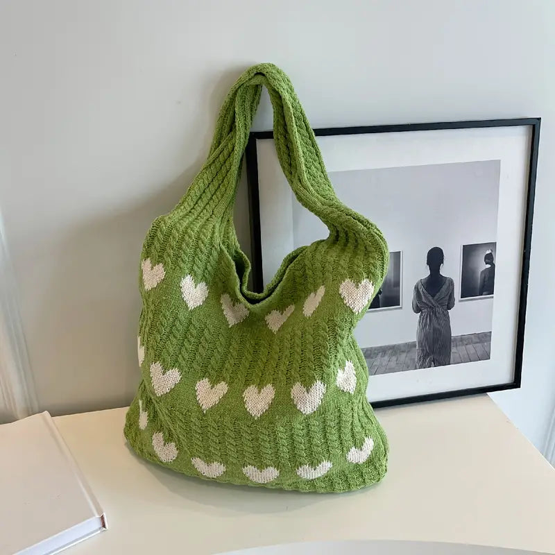 Stricktasche | Nachhaltige Einkaufstasche mit Herzmuster für Alltag und Shopping