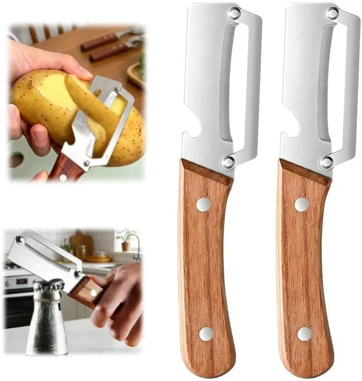 Pelapatate 2-in-1 per frutta e verdura in acciaio inox | Ampia superficie di taglio per melone e ananas | Manico in legno antiscivolo, incluso apribottiglie