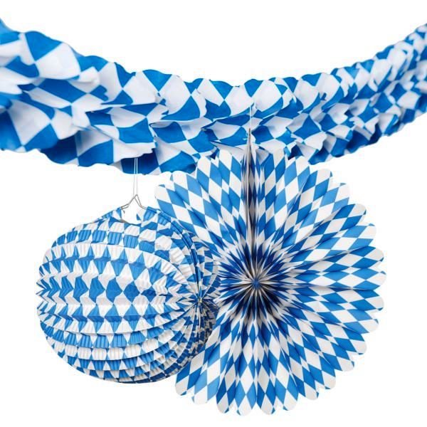 Oktoberfest Deko Set | 3-teiliges Papierdeko-Set in Hellblau und Weiß mit Girlanden und Papierfächern