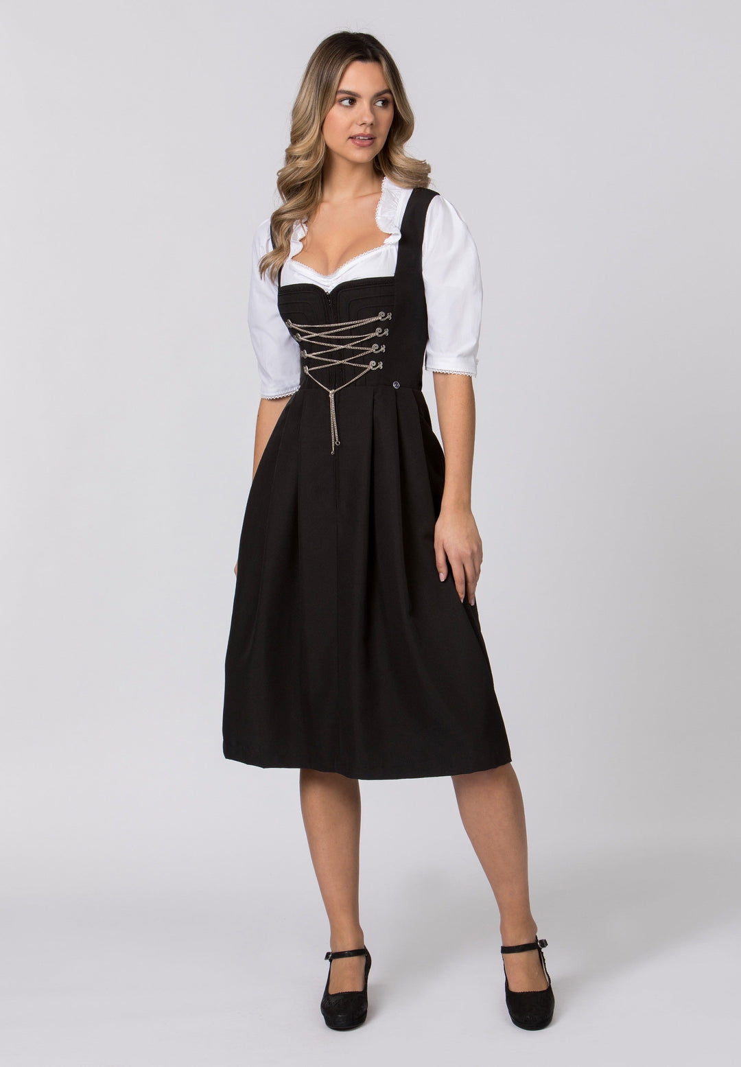 Dirndl lang Damen | Schwarzes Trachtenkleid mit Miederhaken, Reliefdetails und 70 cm Rocklänge