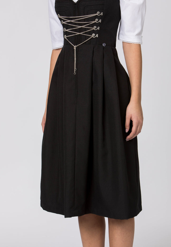 Dirndl lang Damen | Schwarzes Trachtenkleid mit Miederhaken, Reliefdetails und 70 cm Rocklänge