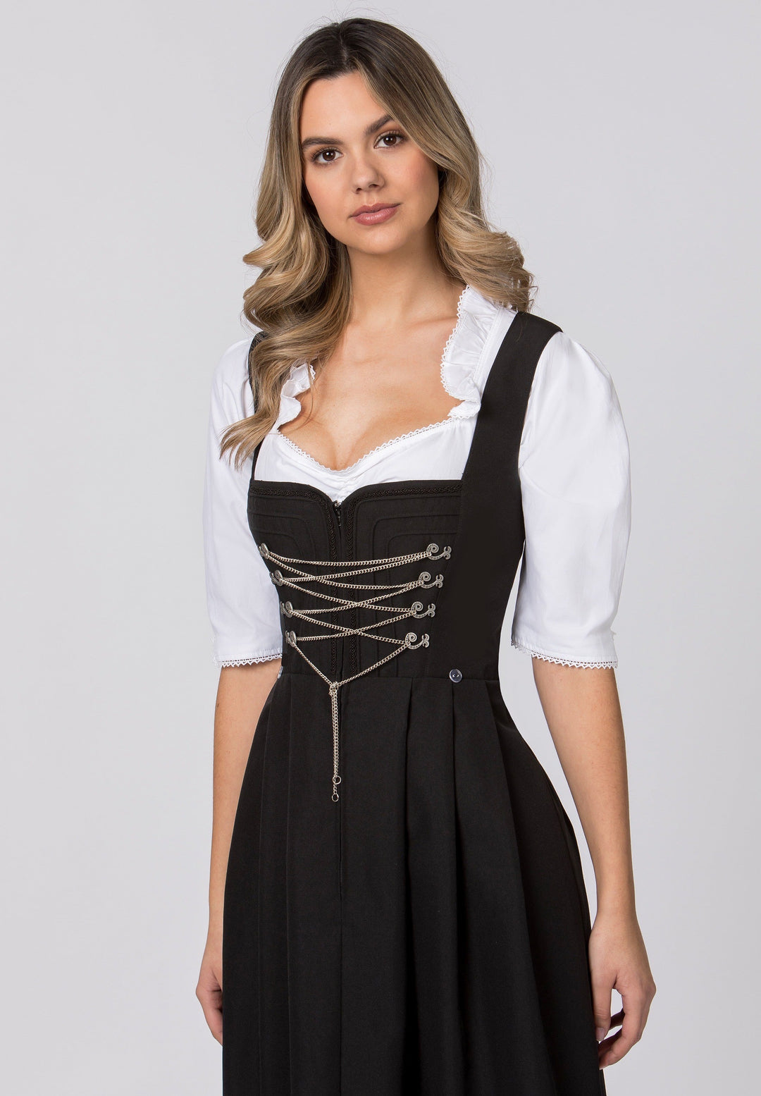 Dirndl lang Damen | Schwarzes Trachtenkleid mit Miederhaken, Reliefdetails und 70 cm Rocklänge