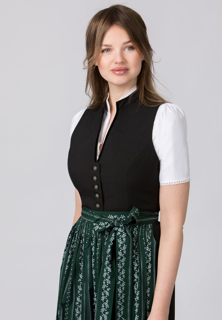 Dirndl lang Damen | Schwarzes Trachtenkleid mit V-Ausschnitt, Zierknöpfen und langem Faltenrock