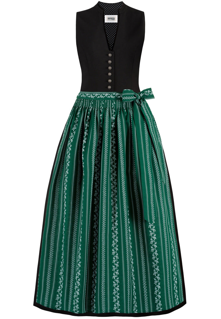 Dirndl lang Damen | Schwarzes Trachtenkleid mit V-Ausschnitt, Zierknöpfen und langem Faltenrock