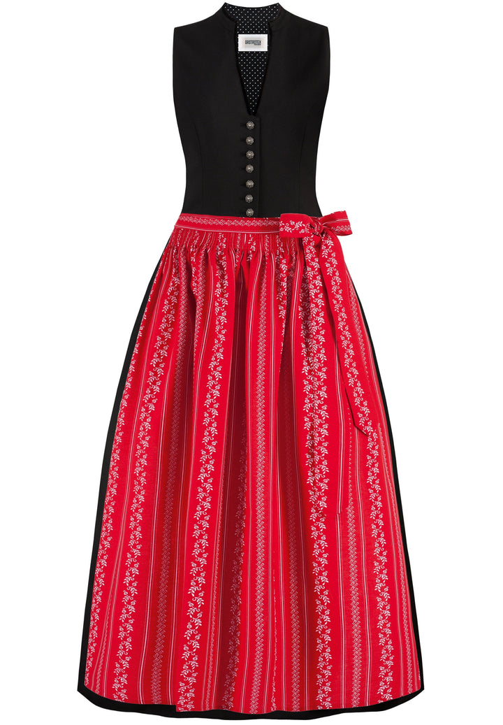 Dirndl lang Damen | Schwarzes Trachtenkleid mit V-Ausschnitt, Zierknöpfen und langem Faltenrock