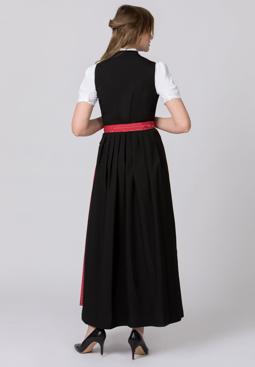 Dirndl lang Damen | Schwarzes Trachtenkleid mit V-Ausschnitt, Zierknöpfen und langem Faltenrock
