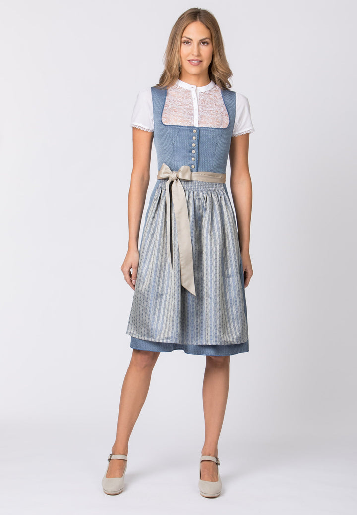 Dirndl Midi Damen | Rauchblaues Trachtenkleid mit Jacquard-Mieder, Schürze und 65 cm Rocklänge