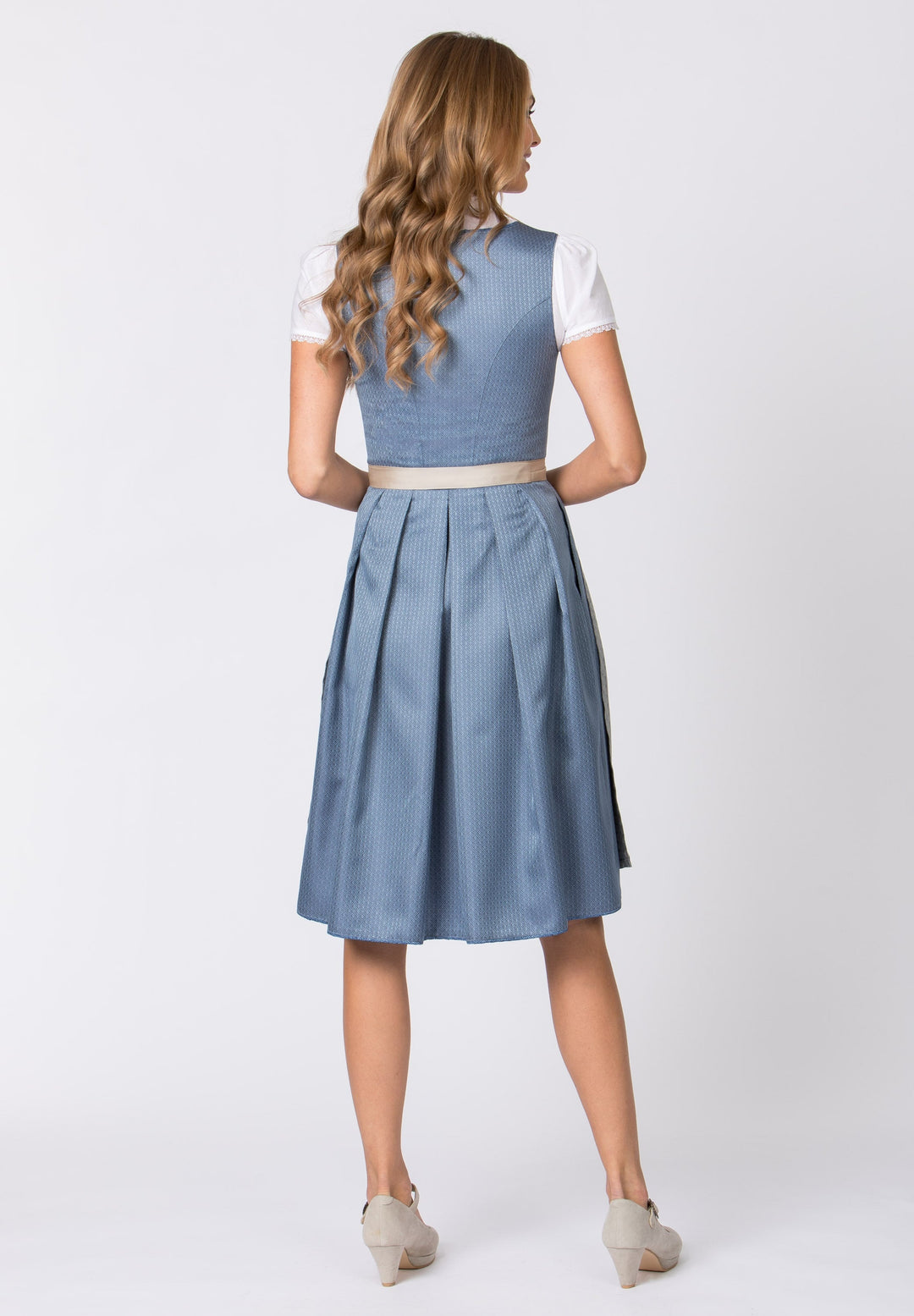 Dirndl Midi Damen | Rauchblaues Trachtenkleid mit Jacquard-Mieder, Schürze und 65 cm Rocklänge