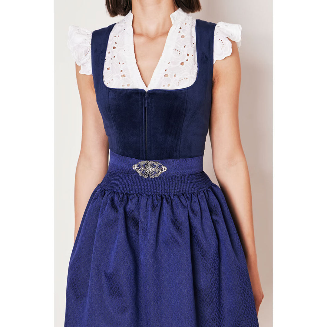Damen Dirndl Dunkelblau | Kurzes Samtdirndl mit Balkonett-Ausschnitt, Schürzenschließe und 50 cm Rocklänge