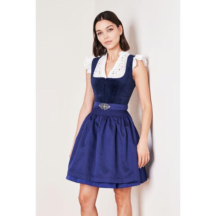 Damen Dirndl Dunkelblau | Kurzes Samtdirndl mit Balkonett-Ausschnitt, Schürzenschließe und 50 cm Rocklänge